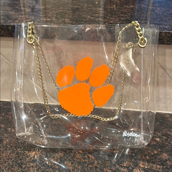 Clear Tote Bag with orange Clemson Tiger Paw Print and Gold Chain - Picture 9 of 9